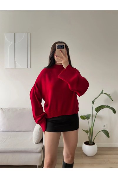 Zoom Butik Dik Yaka Oversize Triko Kazak - KIRMIZI