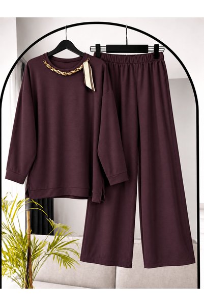 Hepsi Moda Chain Scarf Detailed Trousers Suit - 2485 - Plum (Ös)