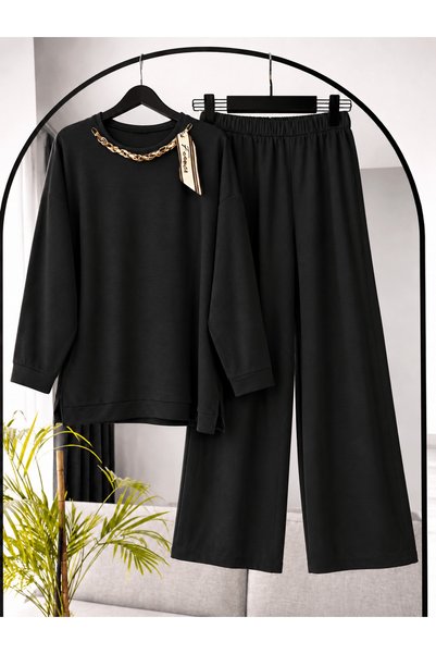 Hepsi Moda طقم بنطلون بتفاصيل وشاح من سلسلة الزنك - 2485 - أسود (OS)
