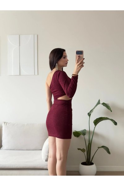 Zoom Butik Dekolte Tek Kol Simli Elbise - BORDO