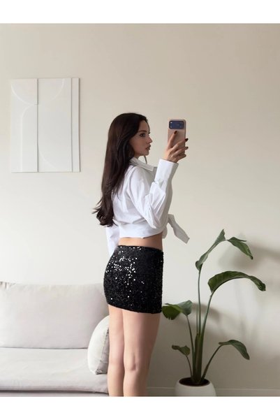 Zoom Butik Pul Payetli Mini Etek - SİYAH
