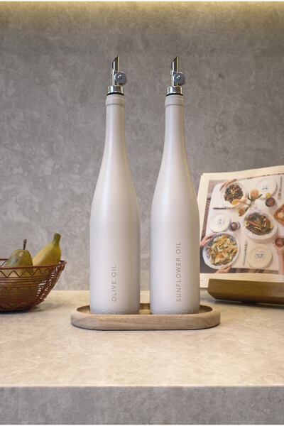 MIROU Renana - 2'li 750ml Kırık Beyaz Dekorlu Cam Yağlık Seti - Gümüş Başlıkl...