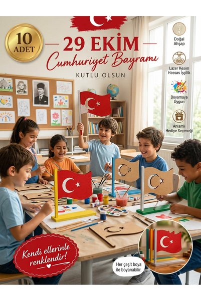Yoko Home 10'lu Boyanabilir Ahşap Türk Bayrağı Lazer Kesim Masaüstü Dekor 29 Ekim Cumhuriyet Bayramı Süsü