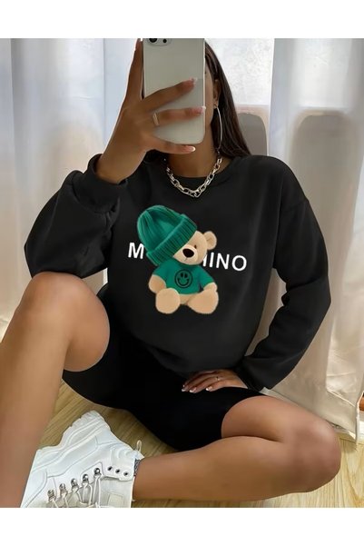 LELVANİ Φούτερ Unisex με σχέδιο αρκουδάκι με πράσινο καπέλο