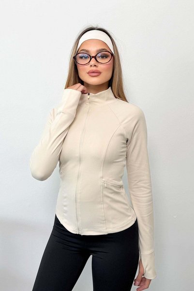 JEE LEE سويت شيرت نسائي بياقة عالية وجيوب مزدوجة وسحاب أمامي بيج - 27K 26179