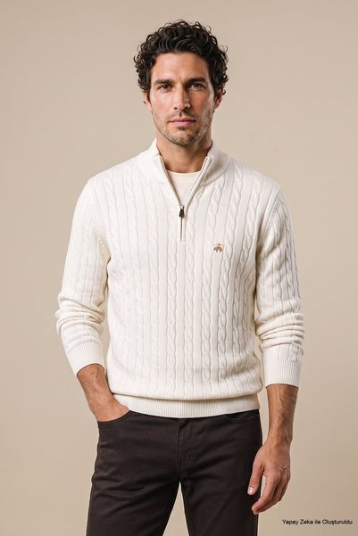 BROOKS BROTHERS Erkek Ekru Kaşmir Karışımlı Saç Örgü Desenli Bato Yaka Kazak