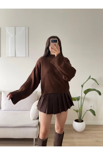Zoom Butik Dik Yaka Oversize Triko Kazak - KAHVE