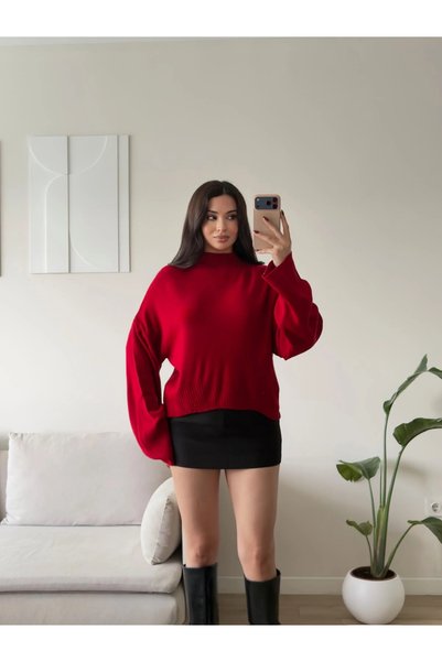 Zoom Butik Dik Yaka Oversize Triko Kazak - KIRMIZI