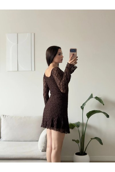Zoom Butik Madonna Yaka Dantel Astarlı Elbise - KAHVE