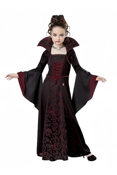 TAPIT Halloween Girls Royal Vampire Witch Costume Black Lace-Up Stand Neck Fl...