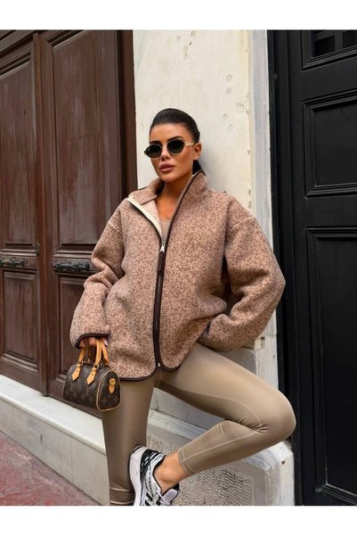 ÇEÇİM Kadın Fermuarlı Dik Yaka Peluş Polar Ceket