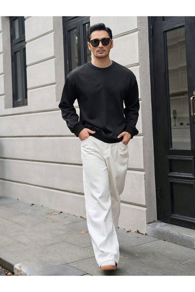 KOZZ STYLE 3 Thread Organic Cotton Oversize Basic Round Neck Sweatshirt with ...