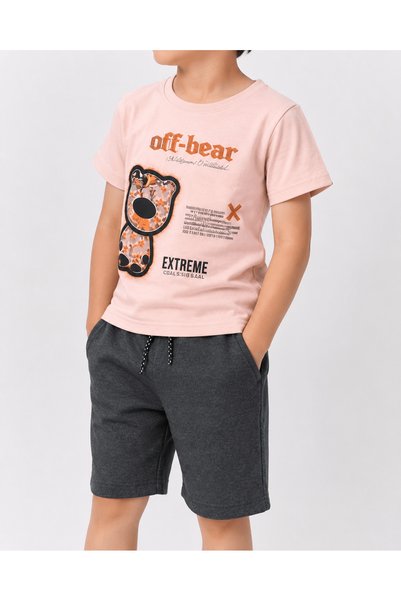 Hepsi Moda Teddy Bear Printed Boys' Shorts Set - 183 - Salmon & Gray