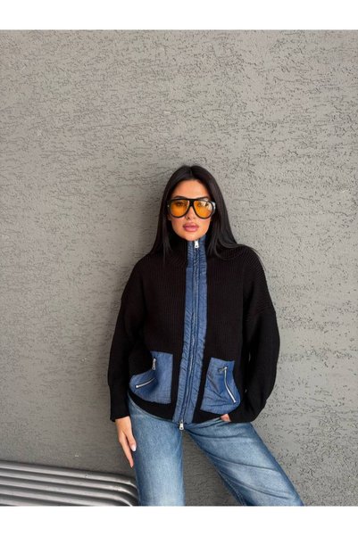 ÇEÇİM Women's Denim Decorated Double Zipper Oversize Knitwear Cardigan