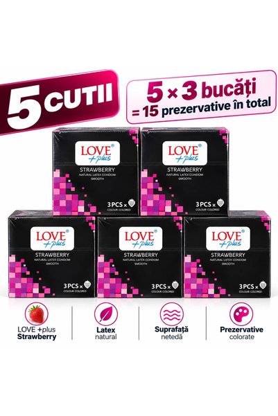 LOVE PLUS Set 3x5 pachete prezervative cu aromă de căpșuni