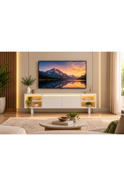 Genel Markalar LUVARYA 150 cm Modern Beyaz TV Ünitesi – LED Aydınlatmalı,