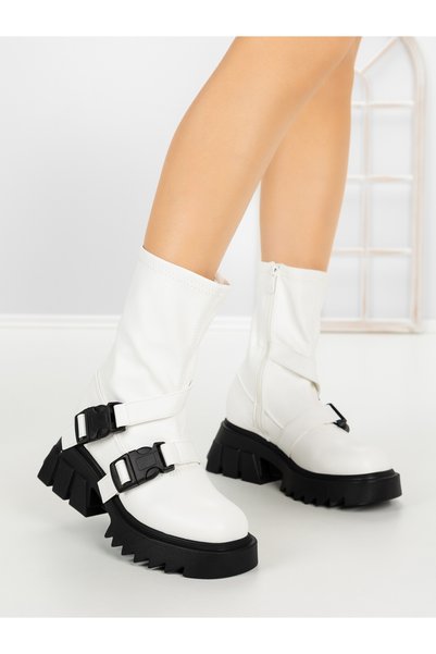 FASHION Γυναικείες λευκές μπότες πλατφόρμας από οικολογικό δέρμα Evamrae