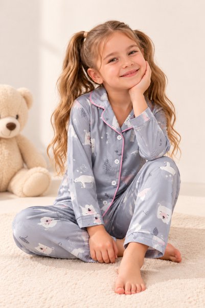 Kız Çocuk Kutup Ayısı Desenli Pijama Takımı Pembe Biyeli Uzun Kollu Düğmeli Gömlek Yaka 2 Parça Seti