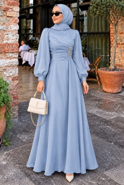 N.S NEVA STYLE Drape Detailed Baby Blue Hijab Satin Evening Dress 6261Bbm