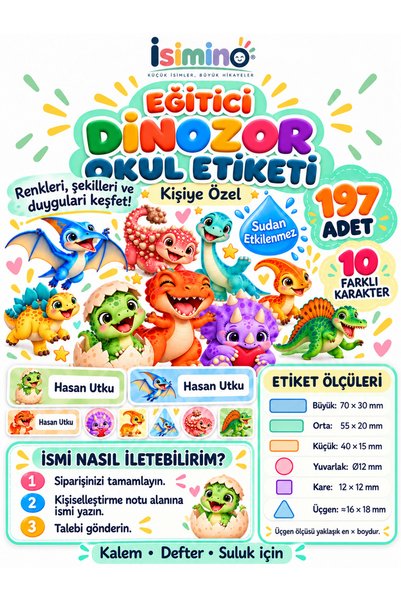 Kişiye ve Çocuklara Özel Eğitici Okul İsim Etiketi, Kalem Defter Suluk için Dayanıklı ve Yırtılmaz Etiket. Eğlenceli, Sticker, Kreş, Ana okul için, 10 farkli Dino karakteri ve 6 farklı Geometrik Şekil