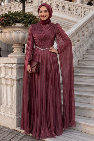 N.S NEVA STYLE Chain Detailed Draped Dusty Rose Hijab Evening Dress 5717Gk