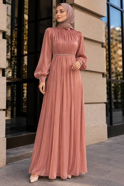 N.S NEVA STYLE Balloon Sleeve Dark Salmon Hijab Evening Dress 62312Ksmn