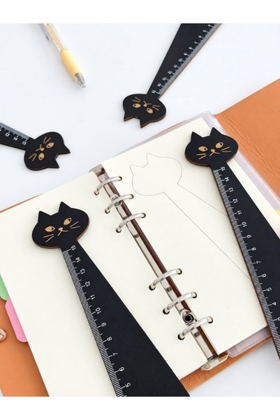 Kağıt Gemi Dükkan Siyah Kedi Figürlü 15 cm Ahşap Cetvel/ Tahta Cetvel / Kitap Ayracı