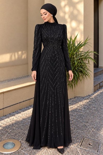 N.S NEVA STYLE Satin Black Stone Embroidered Hijab Evening Dress 56061S