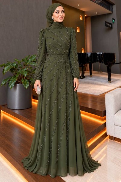 N.S NEVA STYLE Stone Embellished Draped Dark Khaki Hijab Evening Dress 55131Khk