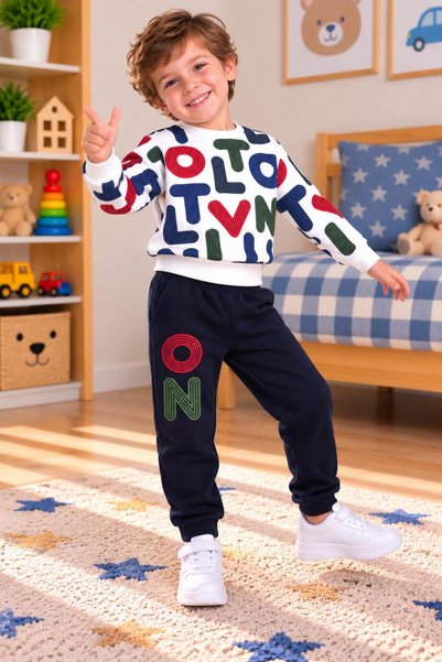 SERPİL Boys' Colorful Letter Printed Sweatshirt and Jogger Pants 2-Piece Trac...
