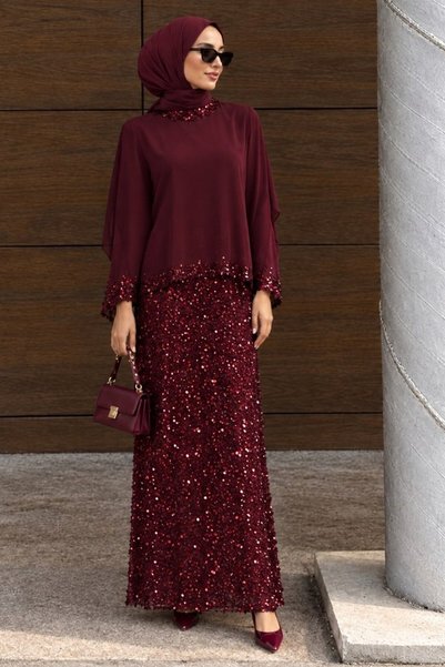 N.S NEVA STYLE Sequin Embellished Burgundy Hijab Evening Dress 48282Br