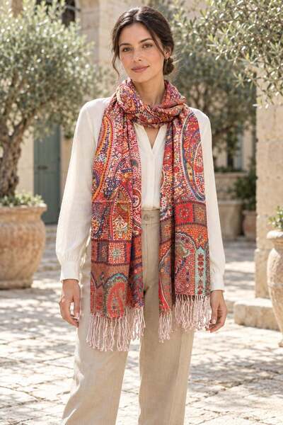 Miss Boheme Brick Red Ground with Large Cashmere Motifs and Ottoman Embroider...