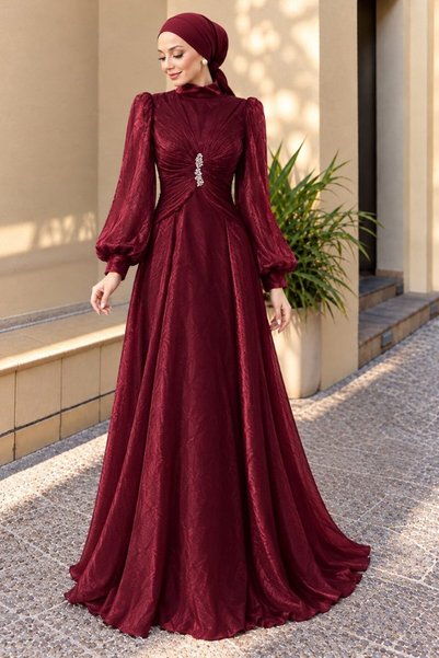 N.S NEVA STYLE Stone Buckle Draped Dark Burgundy Hijab Evening Dress 5705Kbr