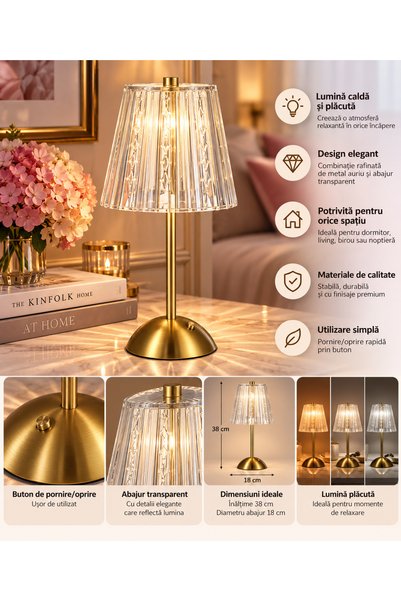 NEW-LINE-ESSENTIALS Lampă de masă metalică aurie cu abajur transparent – desi...