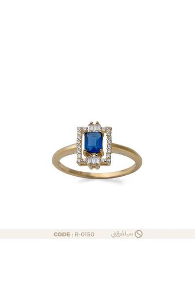 silveraty خاتم مستطيل فضة عيار 925 بفص أزرق مرصع بالزركون مطلي بالروديوم والذهب