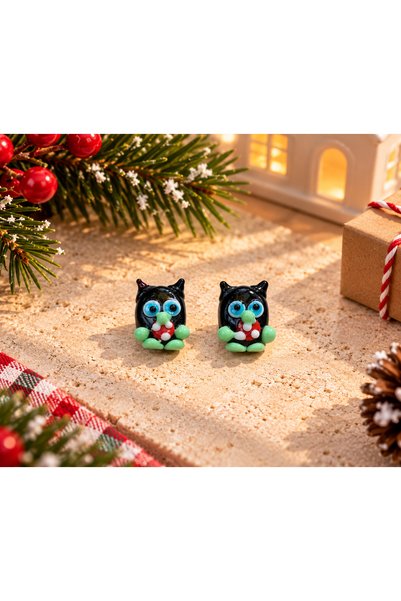 ADAMODART Handmade Murano Glass Black Owl Beads (2 Pieces)