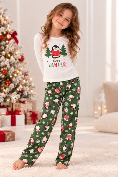 Kız Çocuk Yılbaşı Temalı Penguen Desenli Pijama Takımı Happy Winter Baskılı Yeşil Alt Üst Kombin