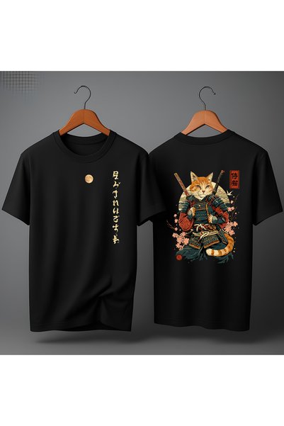 Zuvian Unisex Savaşçı Kedi Mürekkep Baskılı %100 Pamuk Oversize Tişört