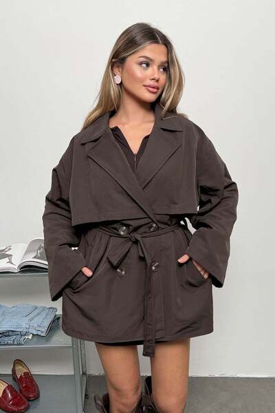 JEE LEE Women's Double-Breasted Collar Belted Trench Coat Brown - 7586