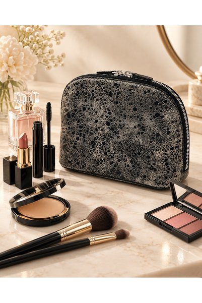 Marcc Bag Siyah Eskitme Desenli Hakiki Deri Fermuarlı Makyaj Çantası