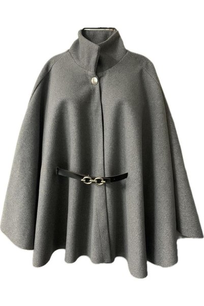 CanıperkCollection Oversize Dik Yaka Kemer Detaylı Kaşe Panco