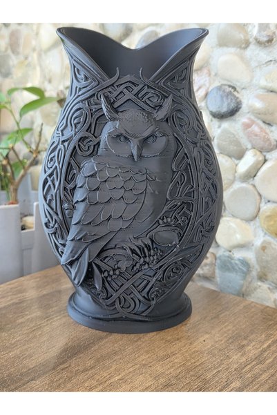 atolye okyanus 3D Baskı Baykuş Figürlü Dekoratif Vazo – Siyah Kelt Desenli Kabartmalı Modern Tasarım Obje