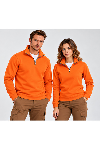 Baran Işık Sümer Işık Unisex Stand Collar Half Zipper Lined Cotton Winter Swe...