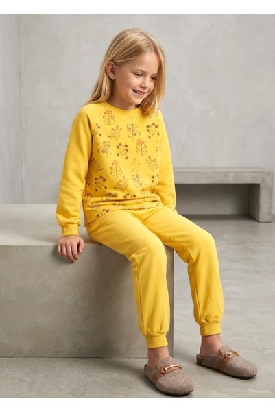 Ozmoz By Mukadder Özden Organik Çiçek Baskılı Sarı Kışlık Kız Çocuk Pijama Takım