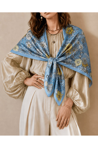 Hepsi Moda Vintage Flora Pattern Cotton Scarf - Baby Blue