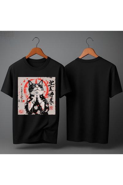 Zuvian Unisex Savaşçı Kedi Mürekkep Baskılı %100 Pamuk Oversize Tişört