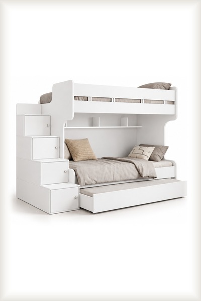 MAQ HOME Ruby Yavrulu Ranza 90x190 Dolaplı Merdivenli Raflı 3 Yataklı Çocuk R...