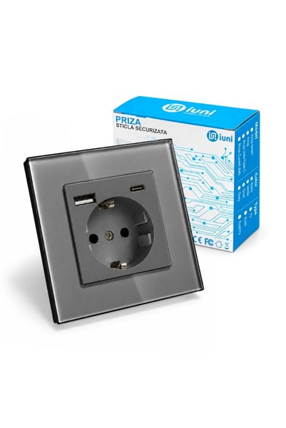 iUni Priză încastrată cu ramă de sticlă, porturi USB-A și USB-C, UC2, 16A, Ar...