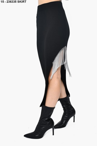 DQMANE Chain Fringed Asymmetrical Cut Slit Knitwear Midi Skirt