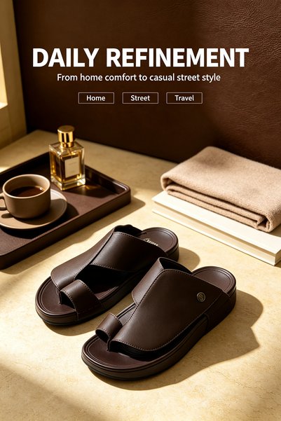 Al Masheel Store Lightweight Men's Leather Sandals Breathable Strap Design Cu...
